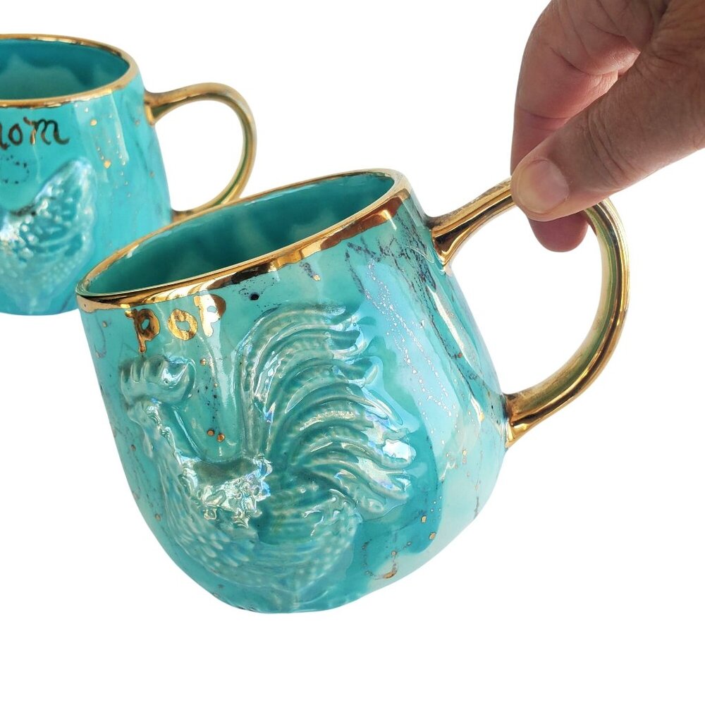 Kitsch Mugs 60s Vintage Ceramic Mom & Pop Rooster Hen Cups Turquoise Gold 24 oz